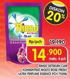 Promo Harga RINSO Anti Noda + Molto Liquid Detergent Rose Fresh, Perfume Essence 750 ml - Superindo