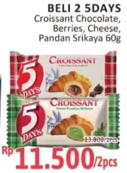 Promo Harga 5 Days Croissant Creamy Chocolate, Sweet Mixed Berries, Creamy Cheese, Pandan Srikaya 60 gr - Alfamidi