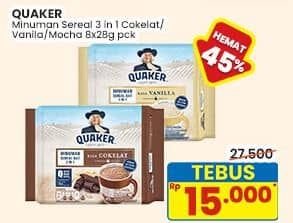 Promo Harga Quaker Oatmeal 3in1 Cokelat, 3in1 Vanilla, 3 In 1 Mocha per 8 pcs 28 gr - Indomaret