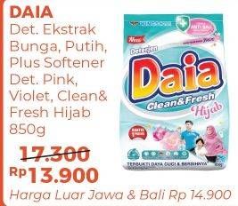 Promo Harga DAIA Deterjen Bubuk Bunga, Clean Fresh Hijab, Putih, + Softener Pink, + Softener Violet 850 gr - Alfamart