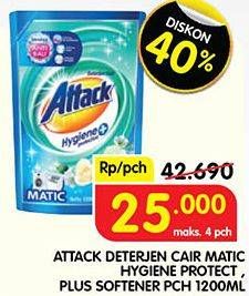 Promo Harga Attack Detergent Liquid Plus Softener, Hygiene Plus Protection 1200 ml - Superindo