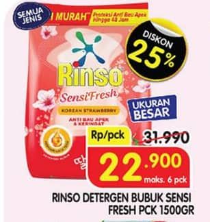 Promo Harga Rinso Anti Noda Deterjen Bubuk Sensi Fresh Extra Lembut 1500 gr - Superindo