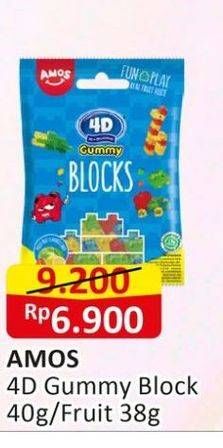 Promo Harga Amos 4D 3D+Delicious Candy Gummy Fruits, Blocks 38 gr - Alfamart