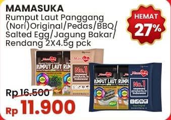 Promo Harga Mamasuka Rumput Laut Panggang Original, Pedas, BBQ, Salted Egg, Jagung Bakar, Rendang per 2 bungkus 4 gr - Indomaret