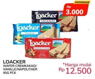 Promo Harga Loacker Wafer Cream Cacao, Vanilla, Napolitaner 45 gr - Indomaret