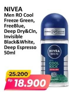 Promo Harga Nivea Men Deo Roll On Cool Kick Freezy Green, Deep, Black White Invisible Original, Deep Black Charcoal Espresso 50 ml - Alfamart