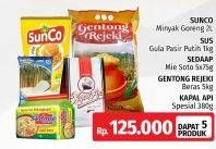 SUNCO Minyak 2lt + SUS Gula Pasir 1kg + GENTONG REJEKI Beras 5kg + KAPAL API Spesial 380gr