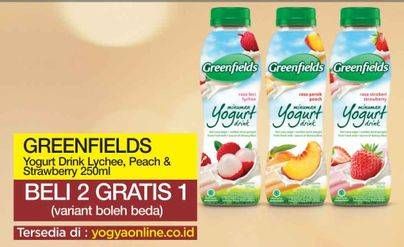 Promo Harga GREENFIELDS Yogurt Lychee, Peach, Strawberry 250 ml - Yogya