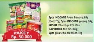 Promo Harga Paket 50rb (5 Indomie Ayam Bawang + Sosro Teh Celup + Cap Botol Teh Biru + 2 pcs Gula Tebu Premium)  - Alfamart