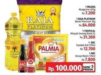PALMIA Margarine 200gr + RAJA PLATINUM Beras 5Kg + TROPICAL Minyak Goreng 2Ltr + ABC Sambal 275ml + ABC Kecap Manis 135ml