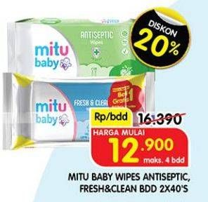 Promo Harga MITU Baby Wipes Antiseptic, Fresh Clean 2x40s  - Superindo