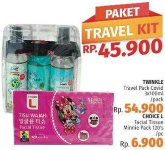 Promo Harga TWINKLE Travel Pack COVID 3 x 100ml + CHOICE L Facial Tissue Minnie 120Pcs  - LotteMart