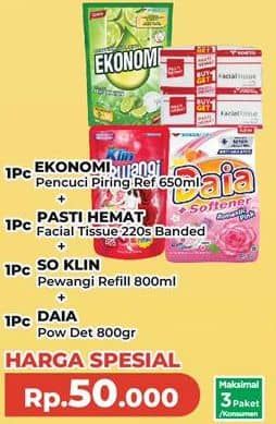 Promo Harga Ekonomi Pencuci Piring + Pasti Hemat Facial Tissue + So Klin Pewangi + Daia Detergent  - Yogya