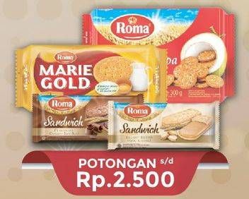 Promo Harga ROMA Coconut Biscuit/Marie Gold/Sandwich Coklat/Sandwich Peanut Butter  - Hypermart