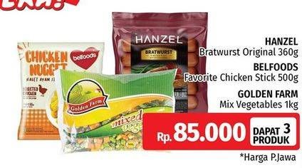 Promo Harga HANZEL Bratwurst 360 g + BELFOODS Chicken Stick 500 g + GOLDEN FARM Mix Vegetables 1 kg  - LotteMart