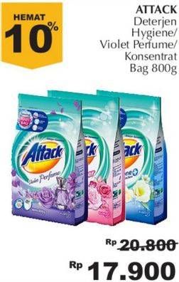 Promo Harga ATTACK Detergent Powder Hygiene Plus Protection, Violet Perfume, Plus Softener 800 gr - Giant