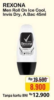 Promo Harga REXONA Men Deo Roll On Ice Cool, Invisible Dry, Antibacterial Defense 45 ml - Alfamart