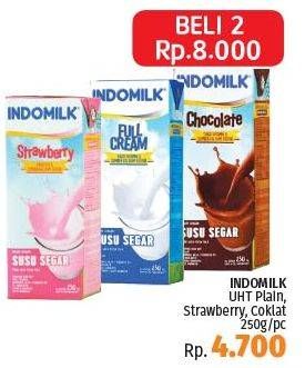 Promo Harga INDOMILK Susu UHT Full Cream Plain, Cokelat, Stroberi per 2 pcs 250 ml - LotteMart