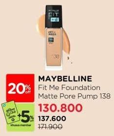 Promo Harga Maybelline Fit Me! Matte + Poreless Liquid Matte Foundation 138 30 ml - Watsons