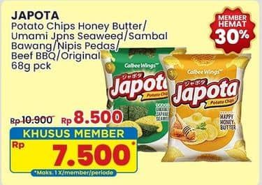 Promo Harga Japota Potato Chips Beef BBQ, Happy Honey Butter, Sambal Bawang, Umami Japanese Seaweed, Nipis Pedas, Original 68 gr - Indomaret