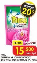 Promo Harga RINSO Anti Noda + Molto Liquid Detergent Rose Fresh, Perfume Essence 750 ml - Superindo