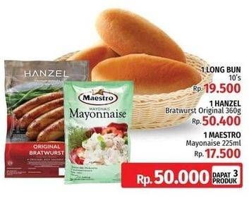 Promo Harga Long Bun + HANZEL Bratwurst 360gr + MAESTRO Mayonaise 225ml  - LotteMart