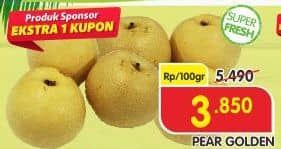 Pear Golden per 100 gr Diskon 29%, Harga Promo Rp3.850, Harga Normal Rp5.490, Produk Sponsor Extra 1 Kupon
