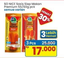 Promo Harga So Nice Sosis Siap Makan Premium All Variants 60 gr - Indomaret