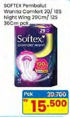 Promo Harga Softex Comfort Night Wing 29cm, Wing 36cm 12 pcs - Indomaret