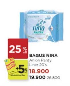 Promo Harga Bagus Nina Anion Pantyliner 20 pcs - Watsons