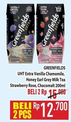 Promo Harga Greenfields UHT Extra Milk Vanilla Chamomile, Honey Early Grey, Strawberry Rose Milk, Chocomalt 200 ml - Hypermart