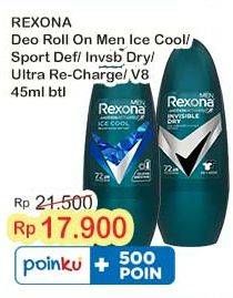 Promo Harga Rexona Men Deo Roll On Ice Cool, Invisible Dry, Sport Defence, Ultra Recharge, V8 45 ml - Indomaret