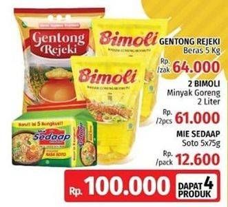 Promo Harga GENTONG REJEKI Beras 5Kg + BIMOLI Minyak Goreng 2Ltr + SEDAAP Mie Kuah Soto 75gr  - LotteMart