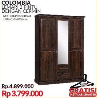Promo Harga COLOMBIA Lemari 3 Pintu Dengan Cermin  - Courts