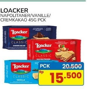 Promo Harga Loacker Wafer Napolitaner, Vanilla, Cream Cacao 45 gr - Indomaret