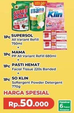 Harga Supersol Karbol + Mama Lemon + Pasti Hemat Tissue + So Klin Softergent