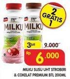 Promo Harga MILKU Susu UHT Stroberi, Cokelat Premium per 3 botol 200 ml - Superindo