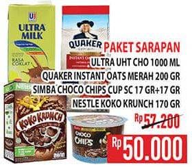 Paket Sarapan ( Ultra Milk UHT Cho 1000ml, quaker instant oats merah 200gr, simba choco chips cup sc 17gr + 17 gr, nestle koko krunch 170gr)