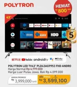 Promo Harga Polytron PLD 43AG9953 Android LED TV  - Carrefour