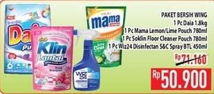 DAIA Detergent 1.8kg + SO KLIN Lantai 780ml + WIZ 24 Disinfecting Spray 450ml + MAMA LEMON/LIME Pencuci Piring 780ml