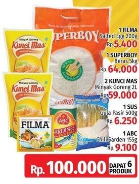 Promo Harga Filma Margarine + Superboy Beras + 2 Kunci Mas Minyak Goreng + SUS Gula Pasir + ABC Sarden  - LotteMart