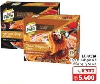 Promo Harga LA PASTA Royale Spaghetti Instant Cheese Bolognese Sauce, Hot And Spicy Sauce 102 gr - Lotte Grosir