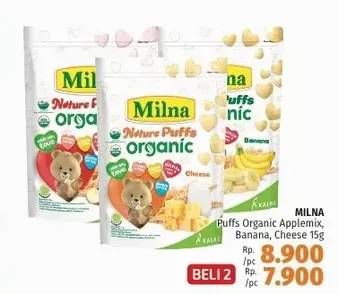 Promo Harga MILNA Nature Puffs Organic Apple Mix Berries, Banana, Cheese per 2 pouch 15 gr - LotteMart