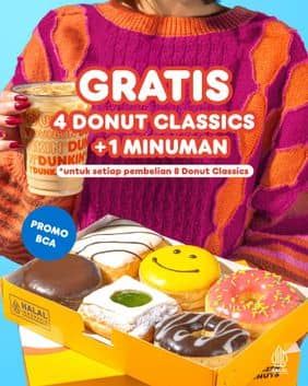 Promo Harga Gratis 4 Donut Classics + 1 Minuman  - Dunkin Donuts