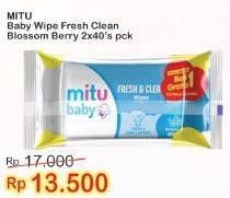 Promo Harga MITU Baby Wipes Fresh & Clean Blue Blossom Berry per 2 pouch 40 pcs - Indomaret