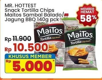 Promo Harga Mr Hottest Maitos Tortilla Chips Sambal Balado, Jagung BBQ 140 gr - Indomaret