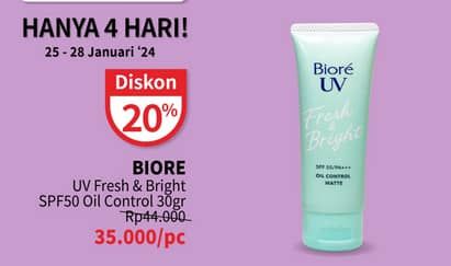 Promo Harga Biore UV Fresh & Bright Sunscreen SPF 50+ PA+++ Oil Control Matte 30 ml - Guardian