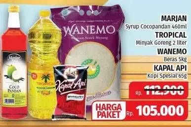 Promo Harga MARJAN Syrup Cocopandan 460ml + WANEMO Beras 5Kg + KAPAL API Kopi Spesial 65gr + TROPICAL Minyak Goreng 2ltr  - Lotte Grosir