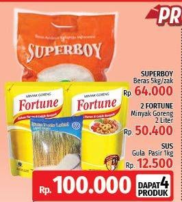 Promo Harga Paket 4 Produk: Superboy Beras 5kg + 2 Fortune Minyak Goreng 2L + SUS Gula Pasir 1kg  - LotteMart