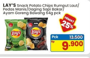 Promo Harga Lays Snack Potato Chips Nori Seaweed, Sweet Chili, Fried Chicken, BBQ Fiesta, Wavy Beef BBQ 64 gr - Indomaret